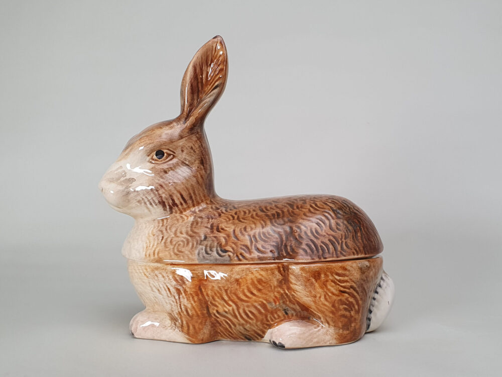 Set of two Michel Cougant antique ceramic French terrine Rabbits