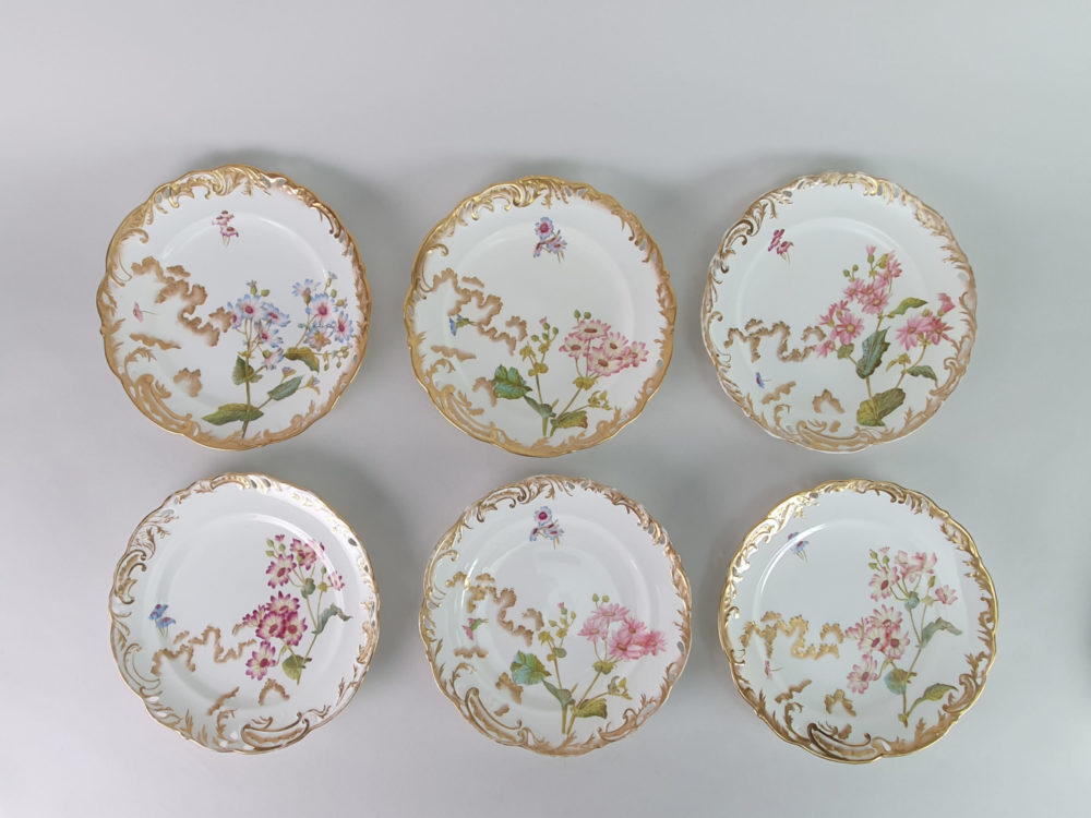 Six George Jones hand painted floral Side Plates