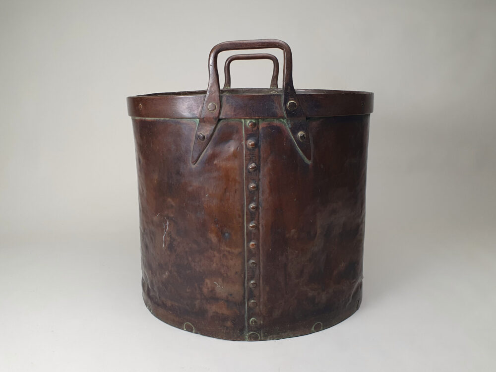Substantial early 19th century riveted rustic antique copper Log Basket