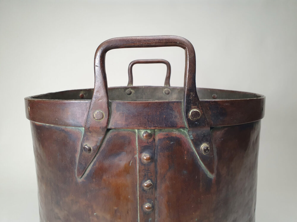 Substantial early 19th century riveted rustic antique copper Log Basket
