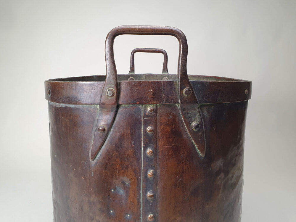 Substantial early 19th century riveted rustic antique copper Log Basket