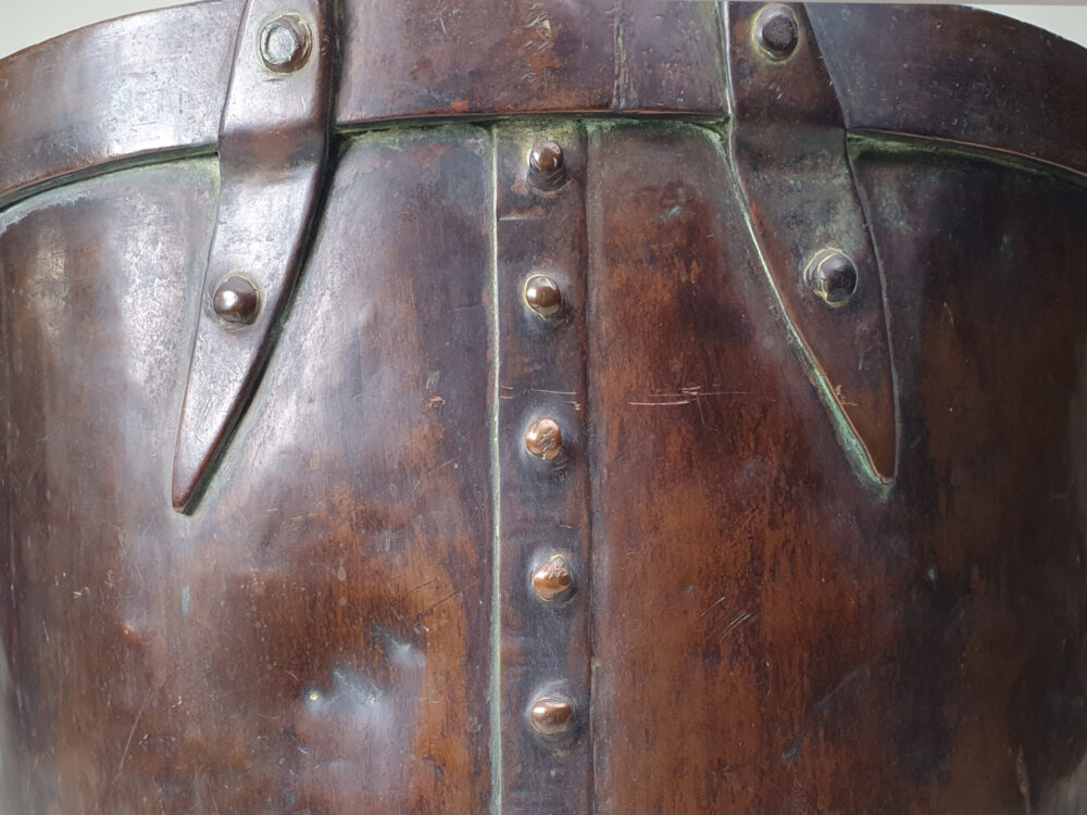 Substantial early 19th century riveted rustic antique copper Log Basket