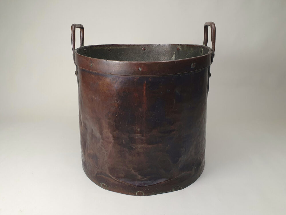 Substantial early 19th century riveted rustic antique copper Log Basket