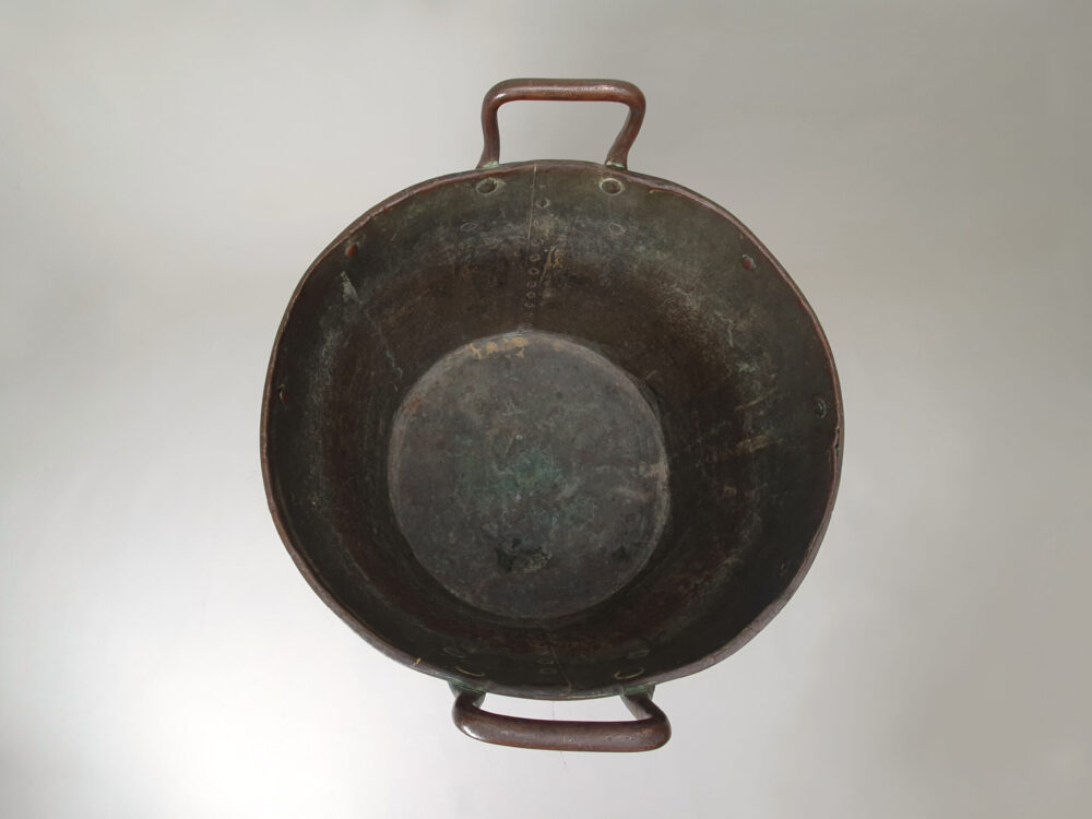 Substantial early 19th century riveted rustic antique copper Log Basket