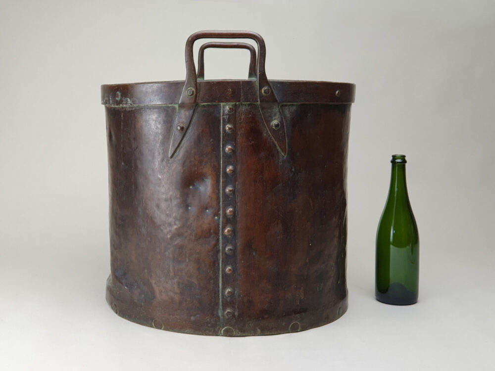 Substantial early 19th century riveted rustic antique copper Log Basket