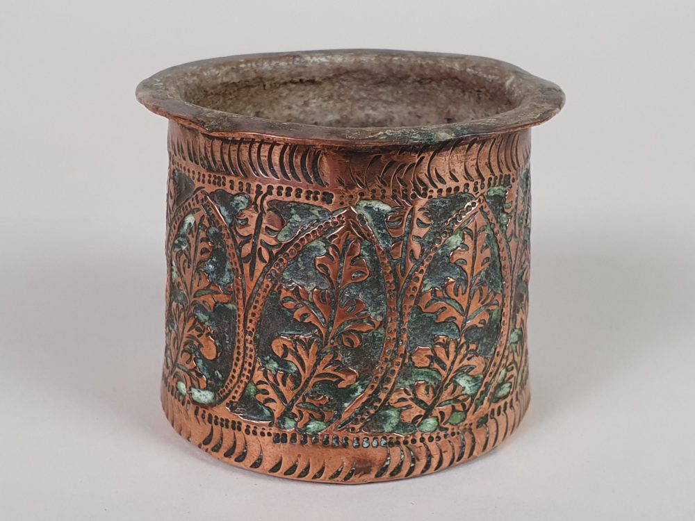 Tiny Victorian embossed copper container