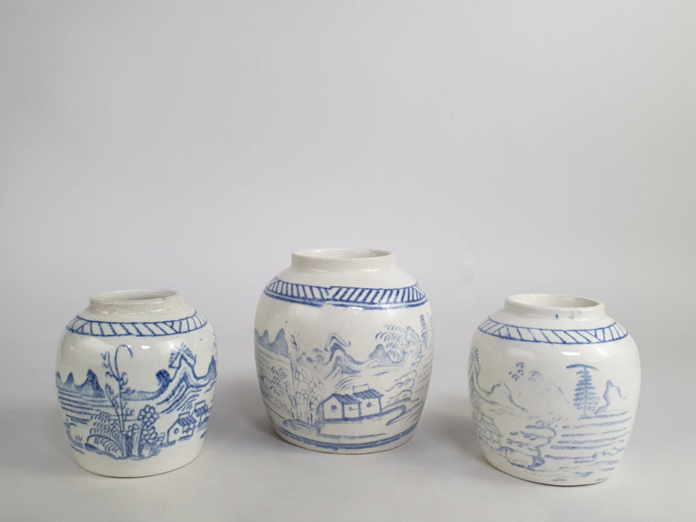 Trio of antique blue and white transfer pottery Ginger Jars