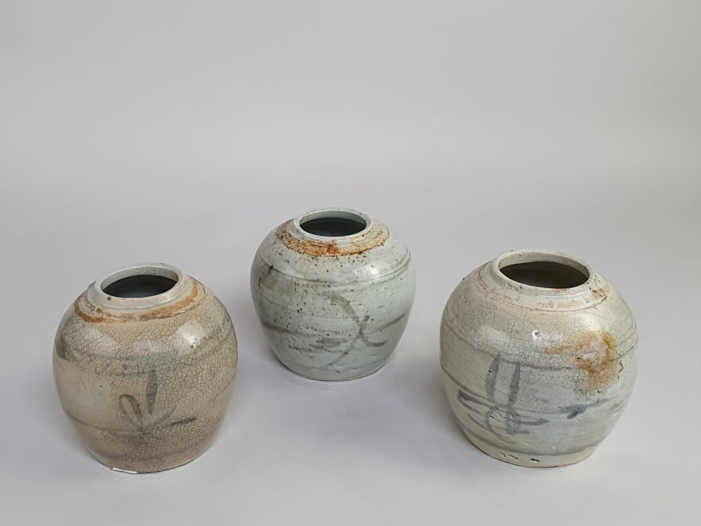 Trio of rustic antique hand painted Ginger Jars