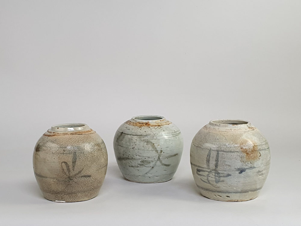 Trio of rustic antique hand painted Ginger Jars