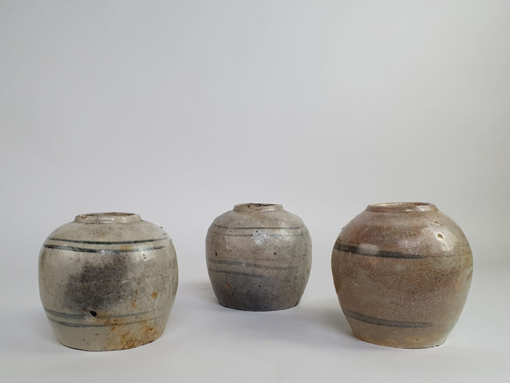 Trio of rustic antique pottery Ginger Jars