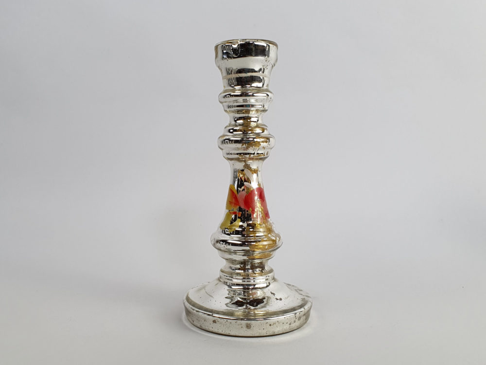 Two 19th century antique mercury glass Candlestick Holders with hand painted floral decoration
