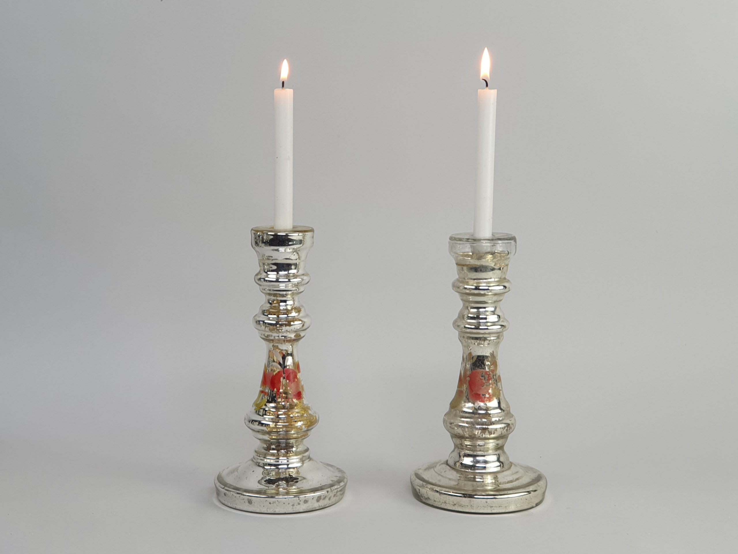 Two 19th century antique mercury glass Candlestick Holders with hand painted floral decoration