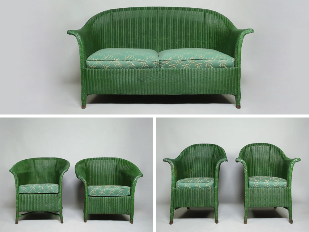 Antique Art Deco green Lloyd Loom Sofa and 4 Chairs, including 2 Zepplin models