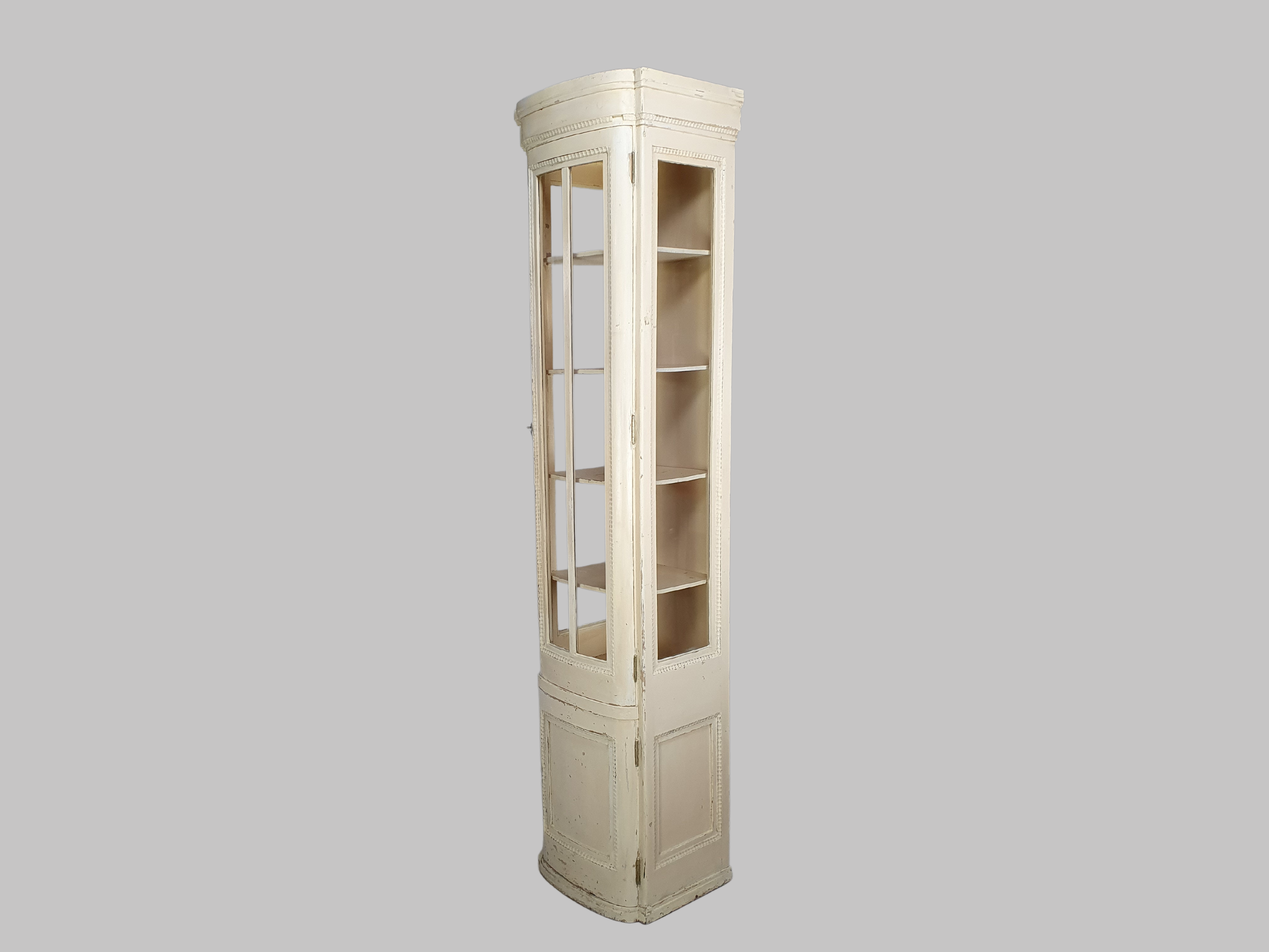Early 20th century antique glass cabinet, with original cream paint