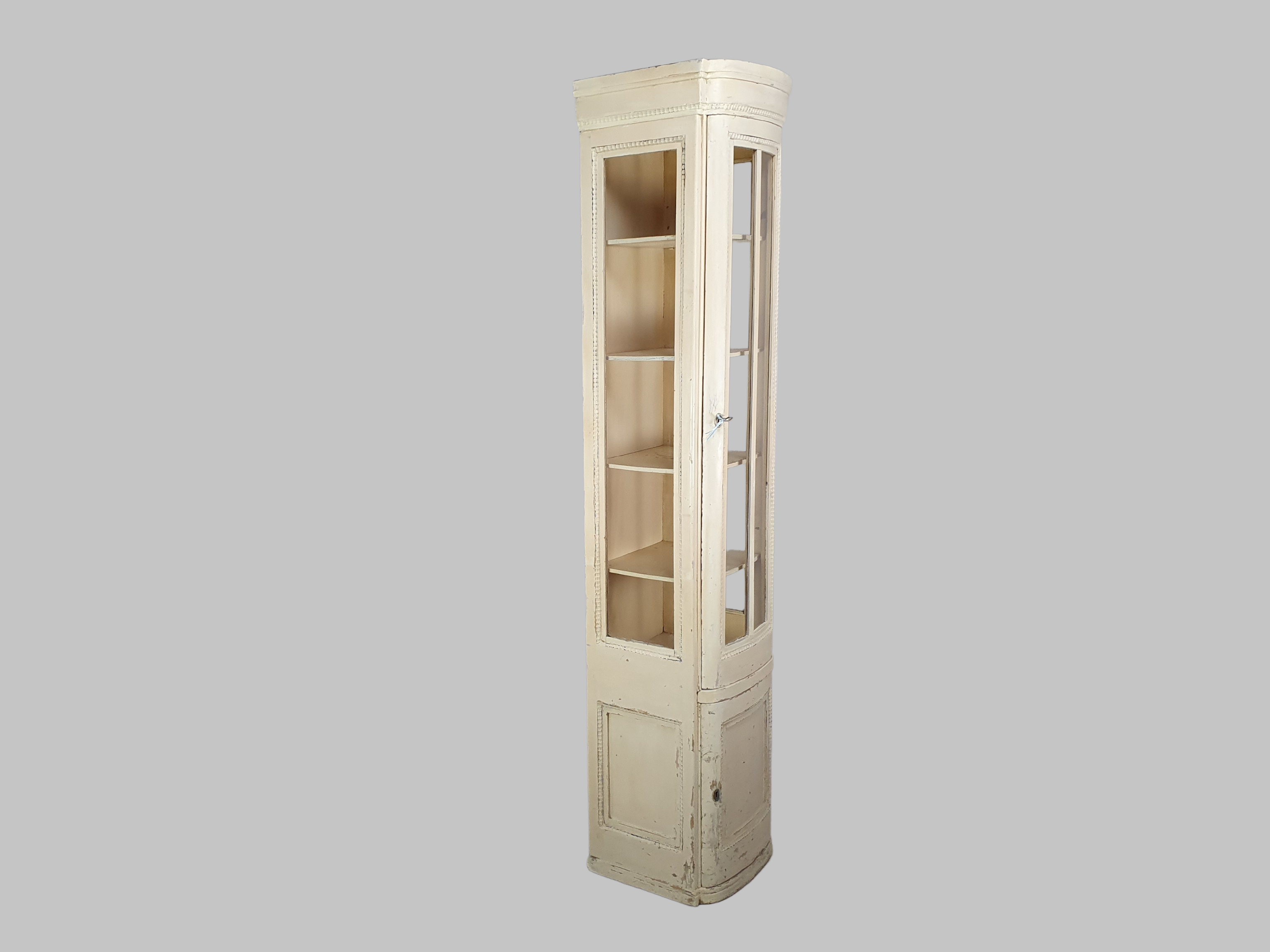 Early 20th century antique glass cabinet, with original cream paint