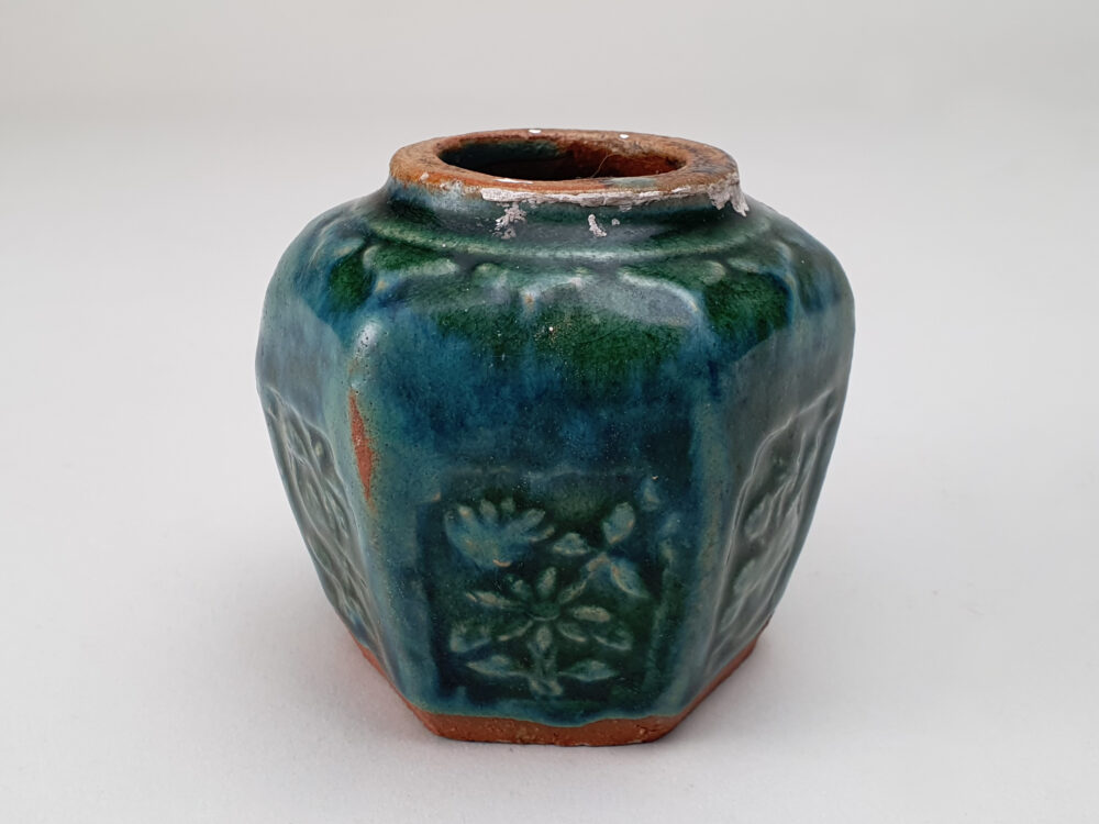 Unusual antique rustic pottery turquoise and green glazed Ginger Jar or Pot