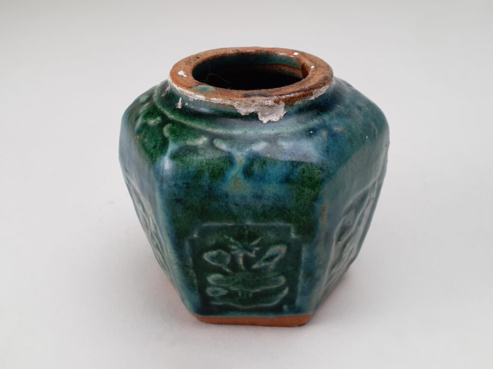 Unusual antique rustic pottery turquoise and green glazed Ginger Jar or Pot