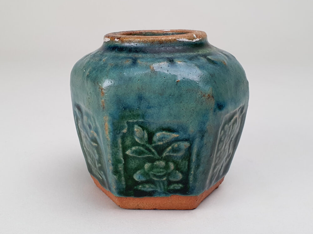 Unusual antique rustic pottery turquoise and green glazed Ginger Jar or Pot
