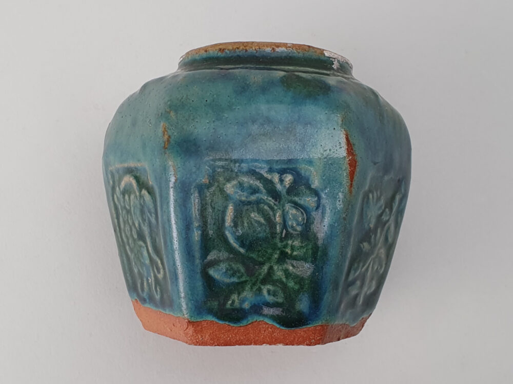 Unusual antique rustic pottery turquoise and green glazed Ginger Jar or Pot
