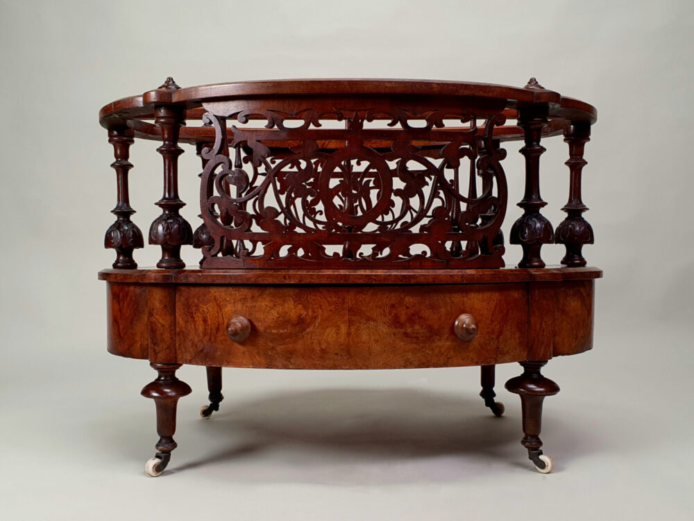 Victorian English antique burr walnut Canterbury or Magazine Rack