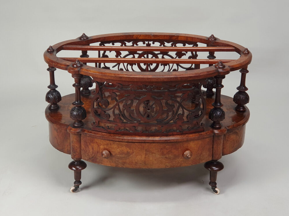 Victorian English antique burr walnut Canterbury or Magazine Rack