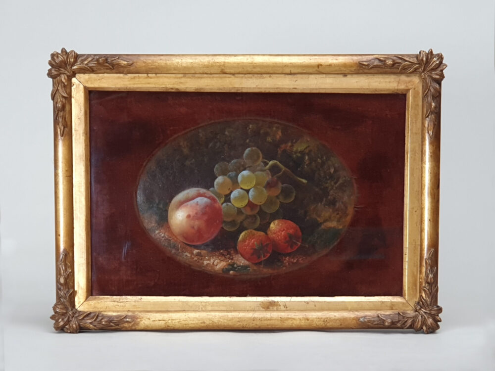 Victorian antique oil Painting - still life scene of fruits in original burgundy velvet mount 