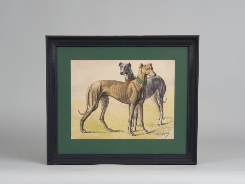 Decorative antique watercolour - Two Greyhounds by E M Samson