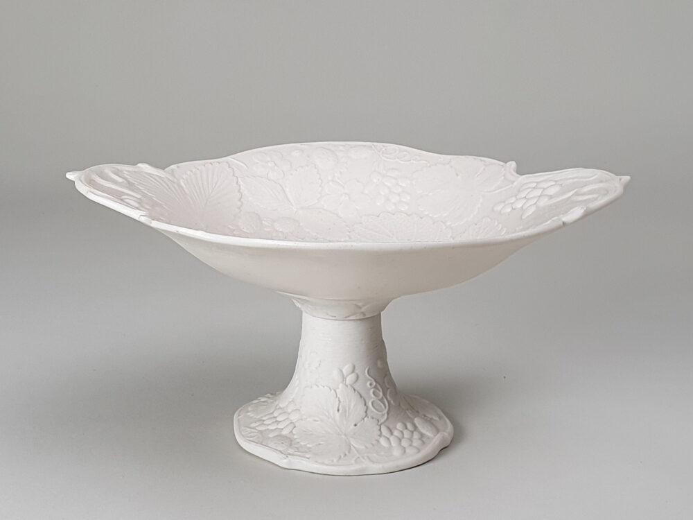 White Parian ware TJ & J Mayer raised Compote with a grapevine design