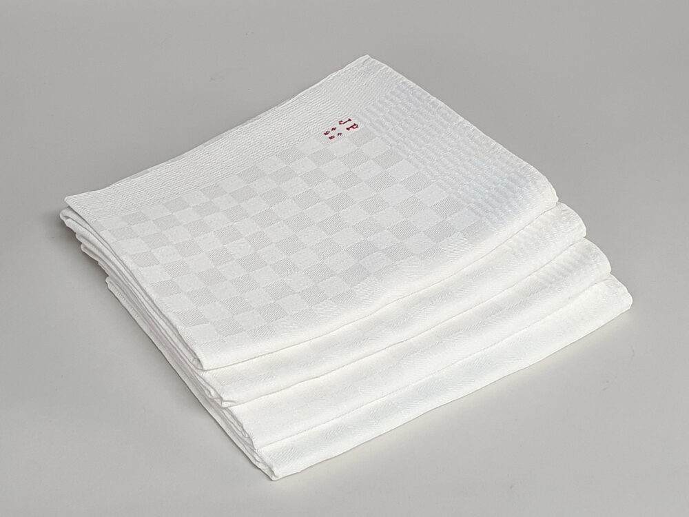 White Torchons or Tea Towels with hand stitched antique embroidery JP