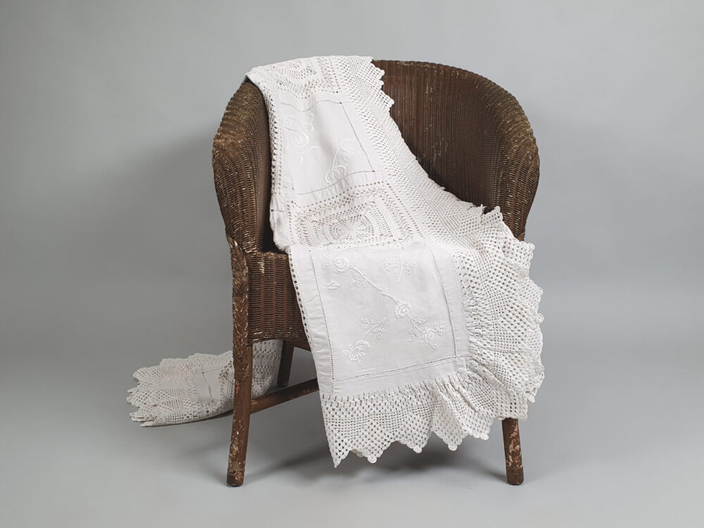 White antique Bedcover with embroidered and crocheted panels