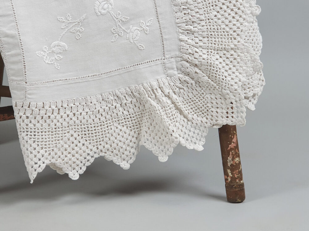 White antique Bedcover with embroidered and crocheted panels