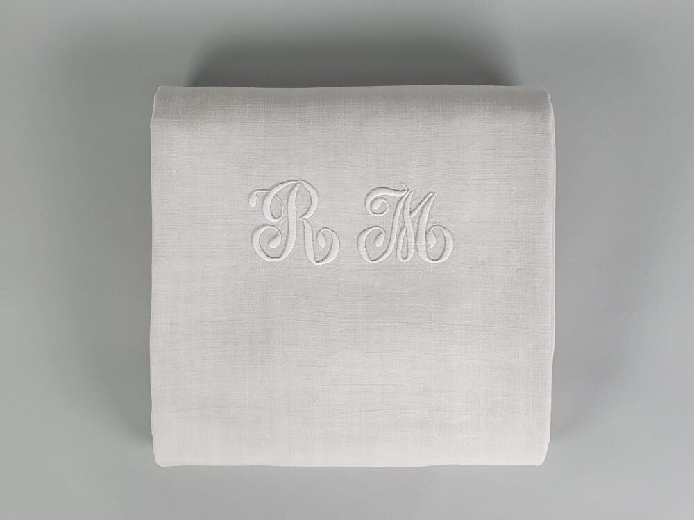 White antique linen French Sheet with monogram R M