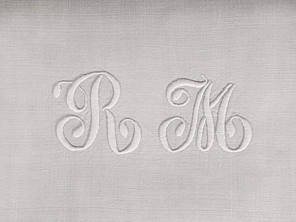 White antique linen French Sheet with monogram R M