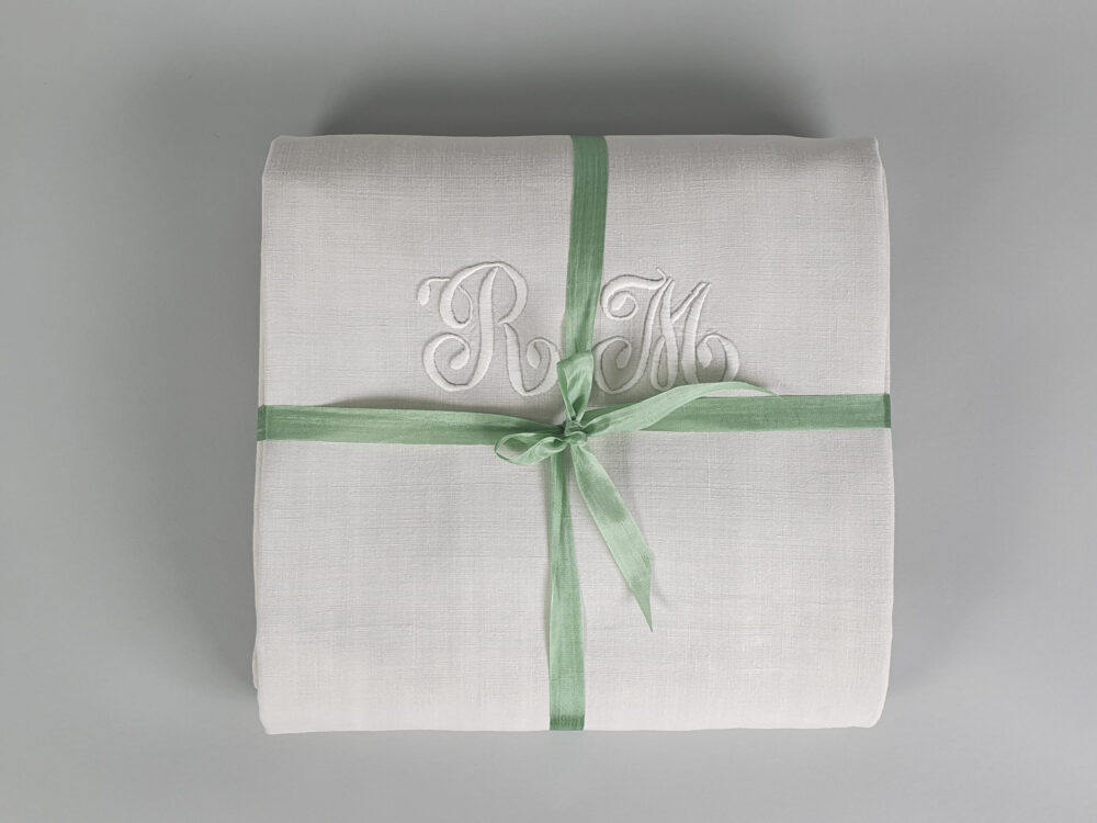 White antique linen French Sheet with monogram R M