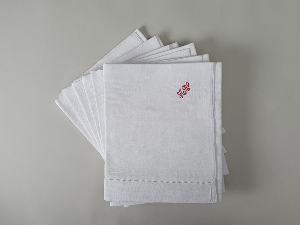 White damask Torchons or Tea Towels with antique embroidery A H