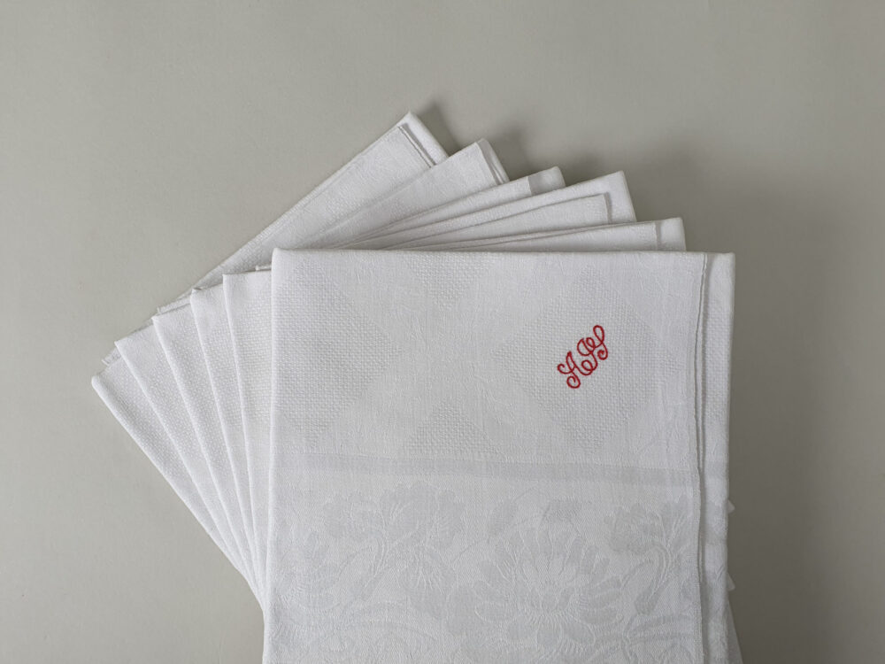 White damask Torchons or Tea Towels with antique embroidery A H