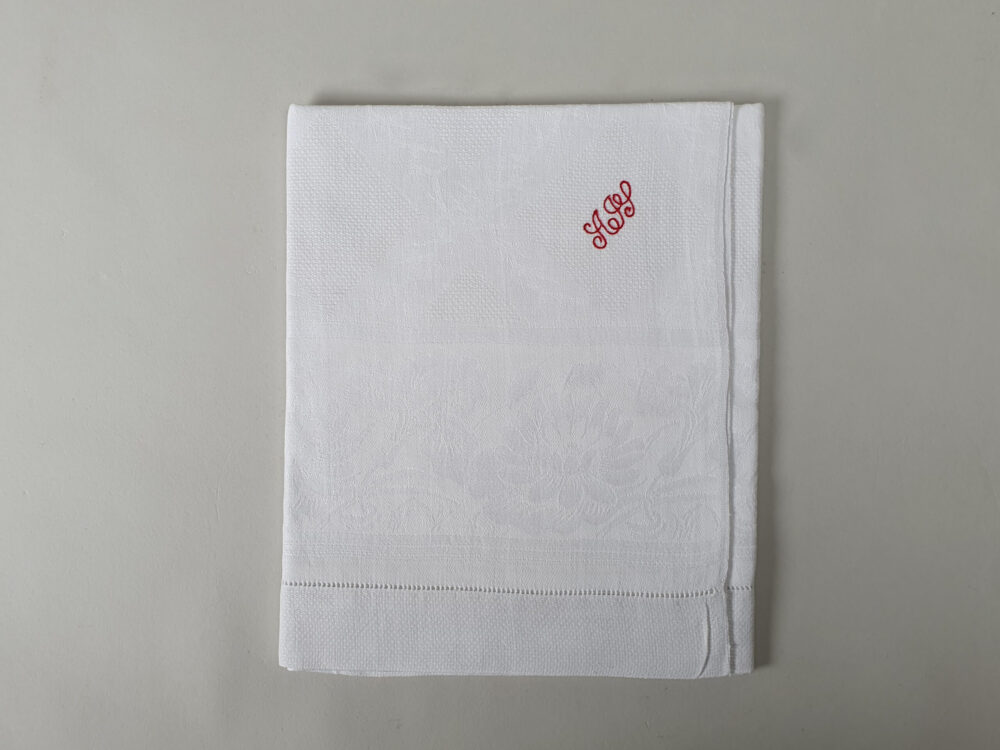 White damask Torchons or Tea Towels with antique embroidery A H