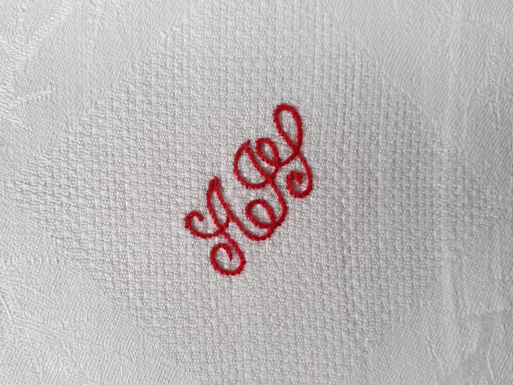 White damask Torchons or Tea Towels with antique embroidery A H