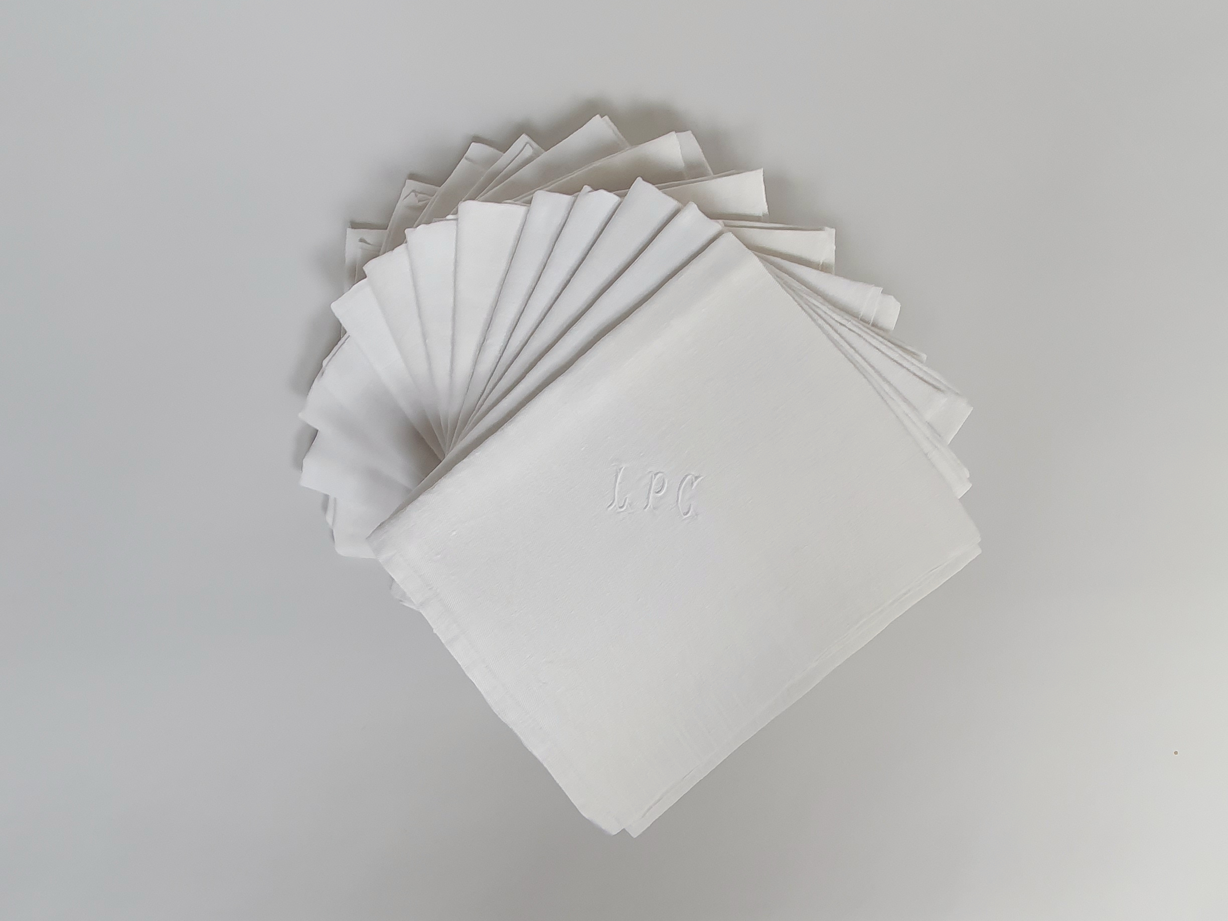 White linen Torchons or Tea Towels with antique embroidery L P C