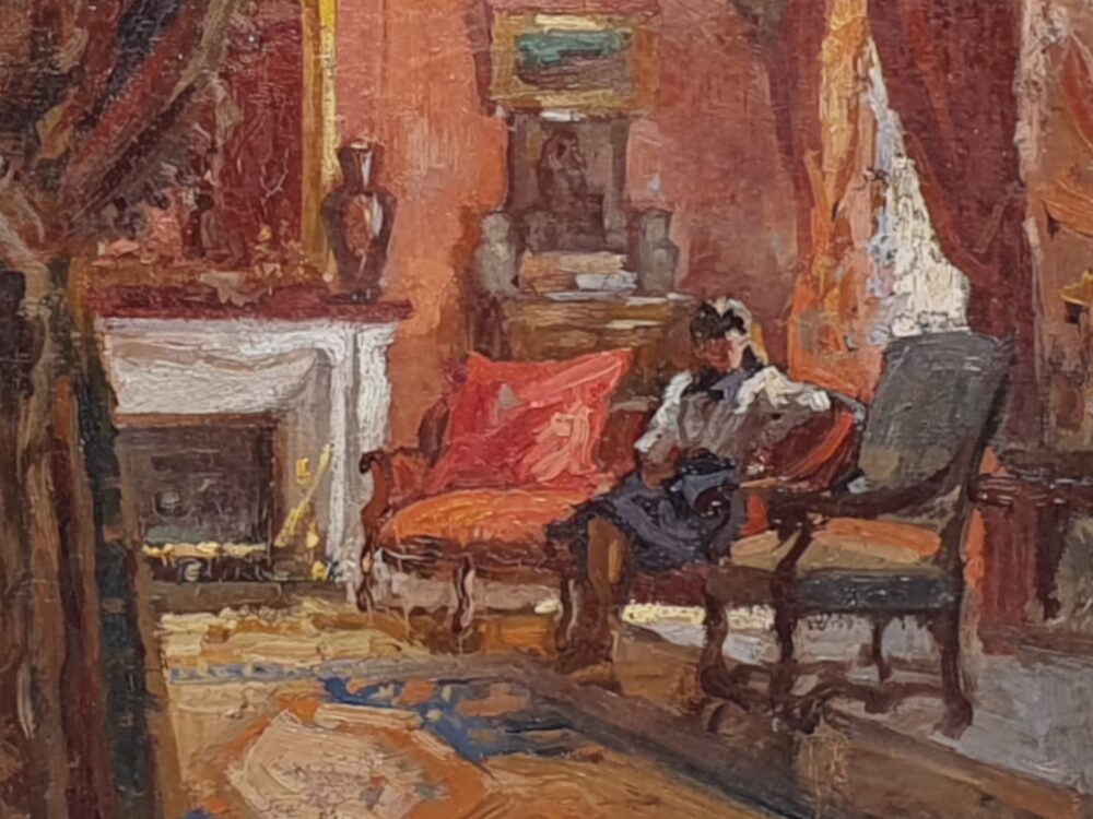 A mid century oil painting - Interior Portrait of a Drawing Room and a Woman