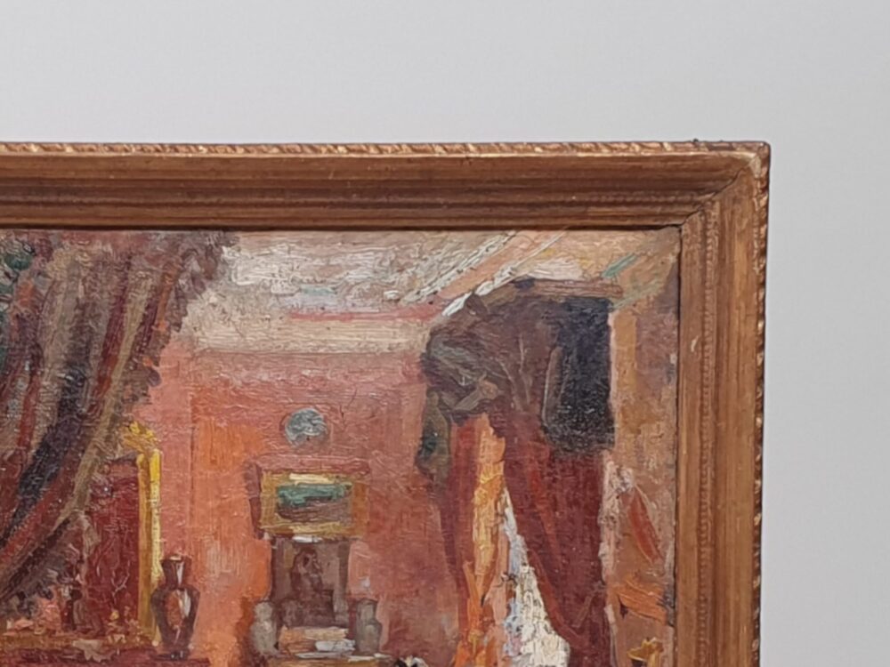 A mid century oil painting - Interior Portrait of a Drawing Room and a Woman