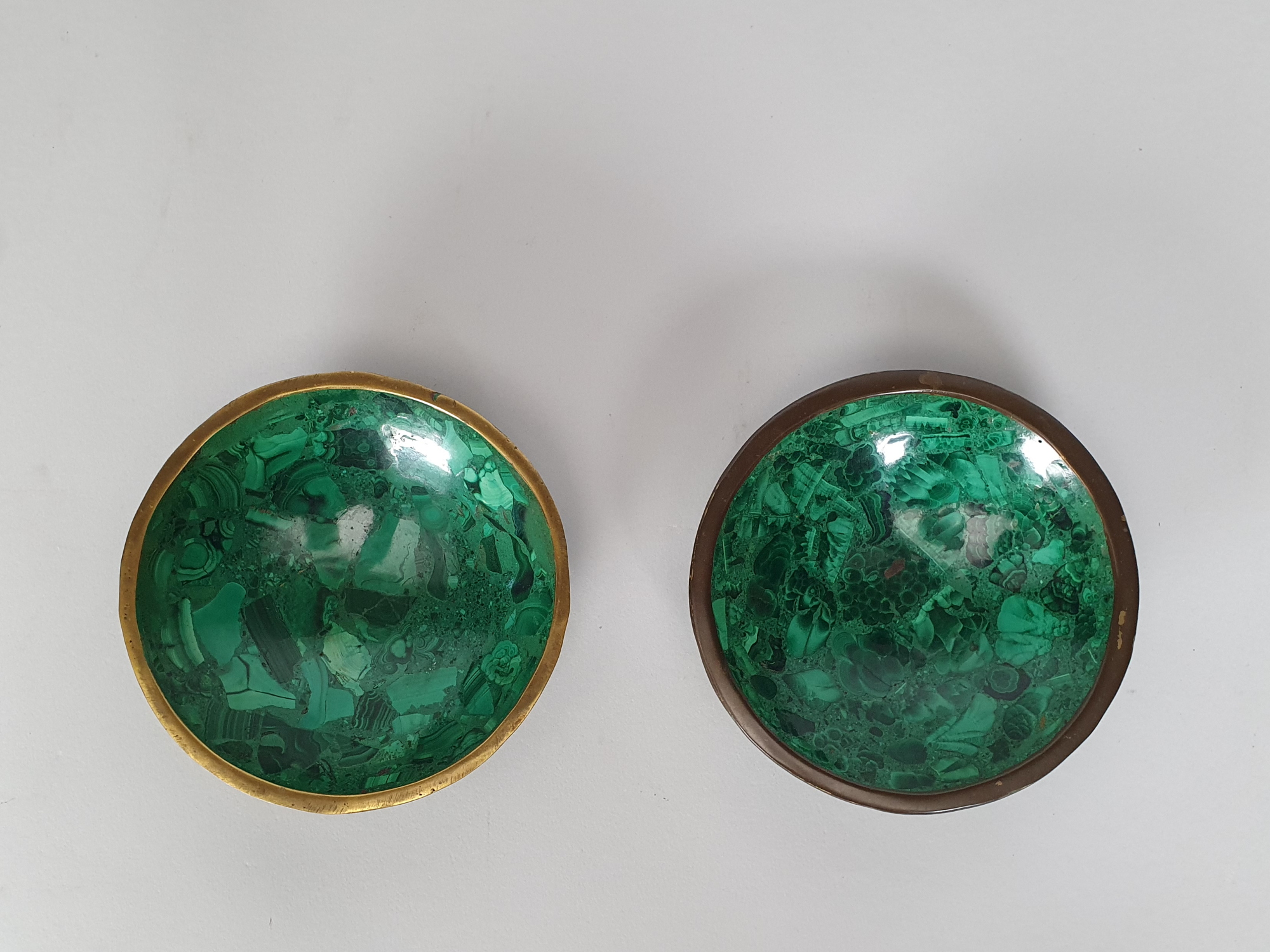 A pair of mid century malachite Dishes or Vide Poches