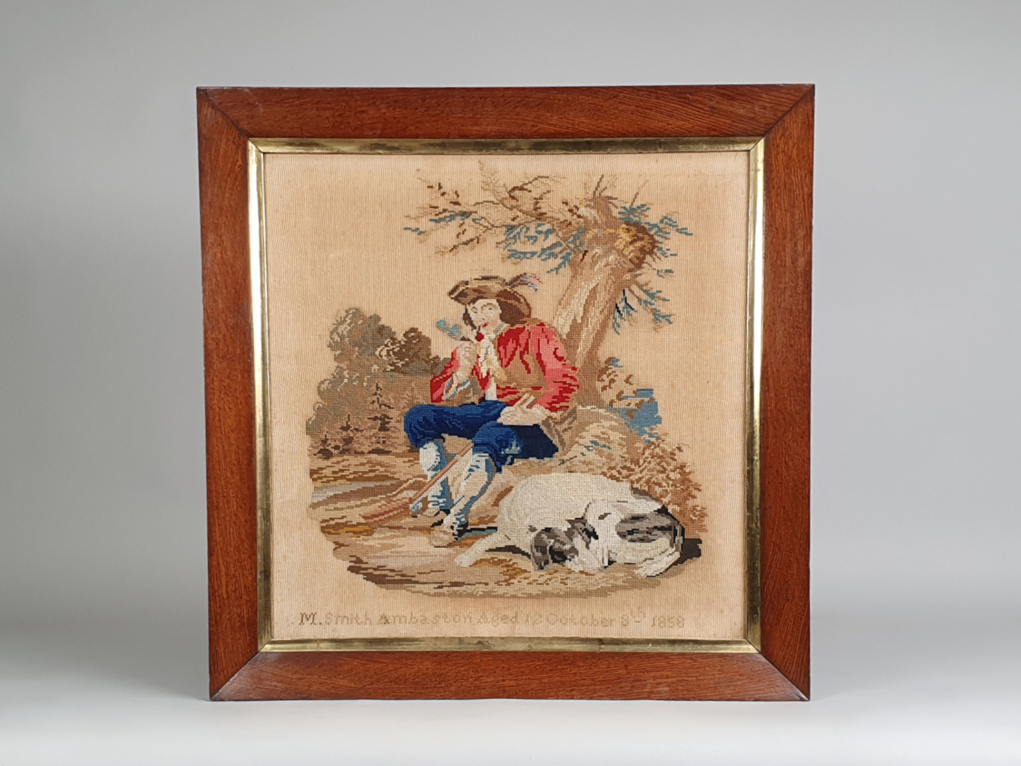 Antique 19th century Victorian Needlepoint - a Pastoral scene of a young Man and his Dog