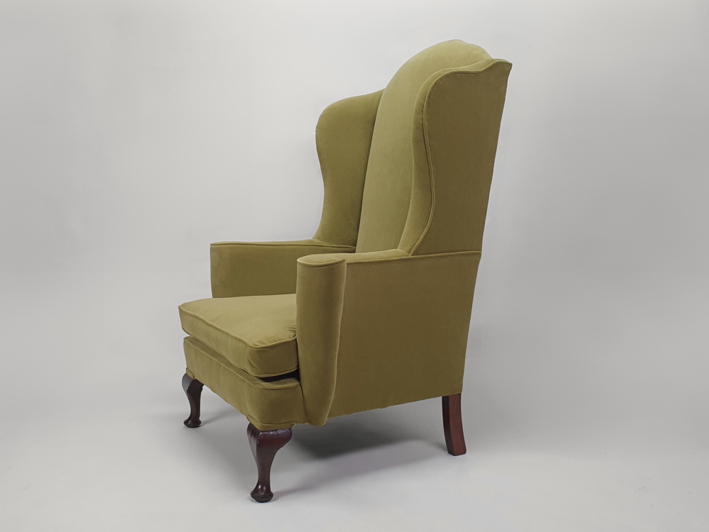 Antique Armchair recovered in green Linwood upholstery velvet