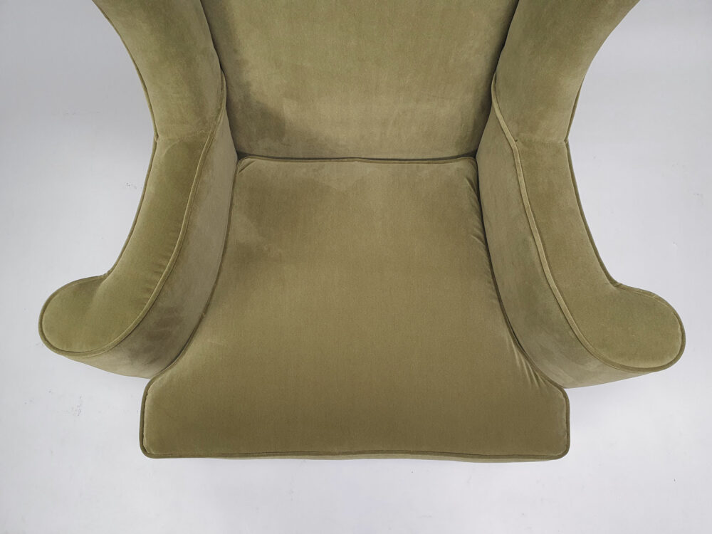 Antique Armchair recovered in green Linwood upholstery velvet