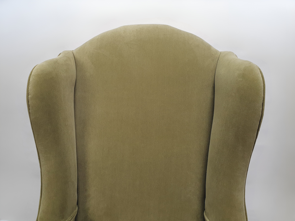 Antique Armchair recovered in green Linwood upholstery velvet