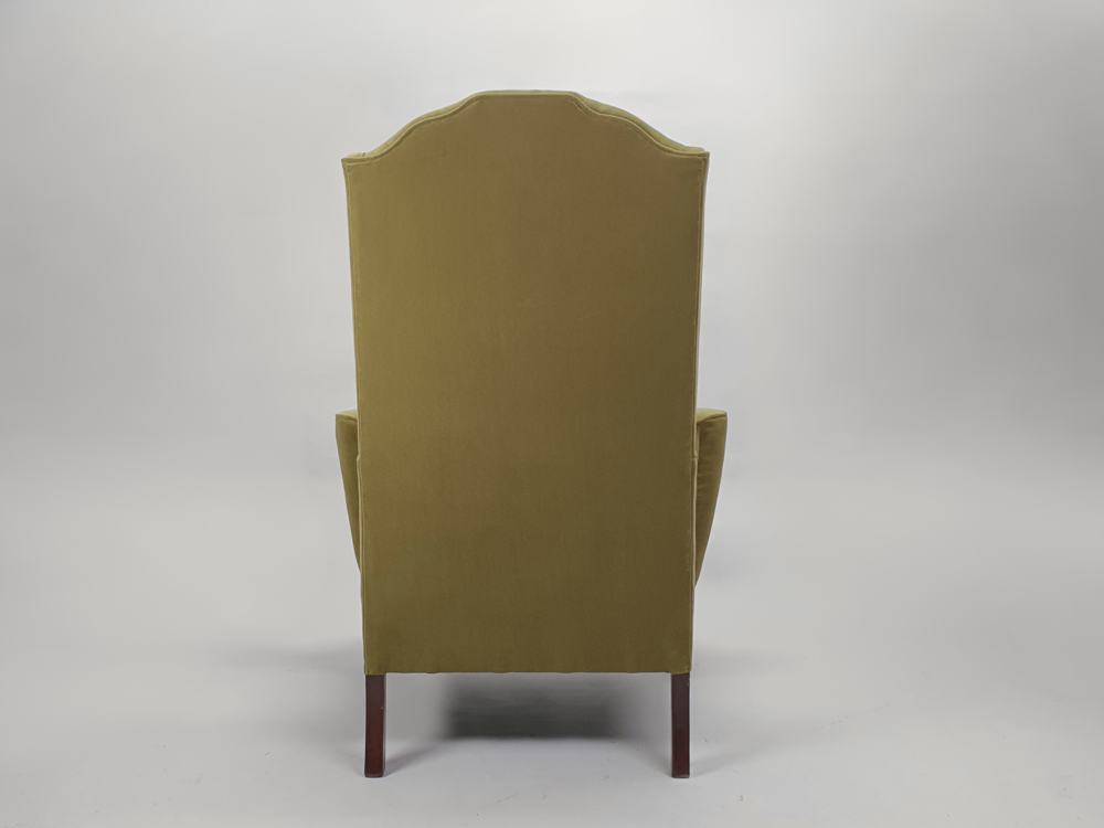 Antique Armchair recovered in green Linwood upholstery velvet