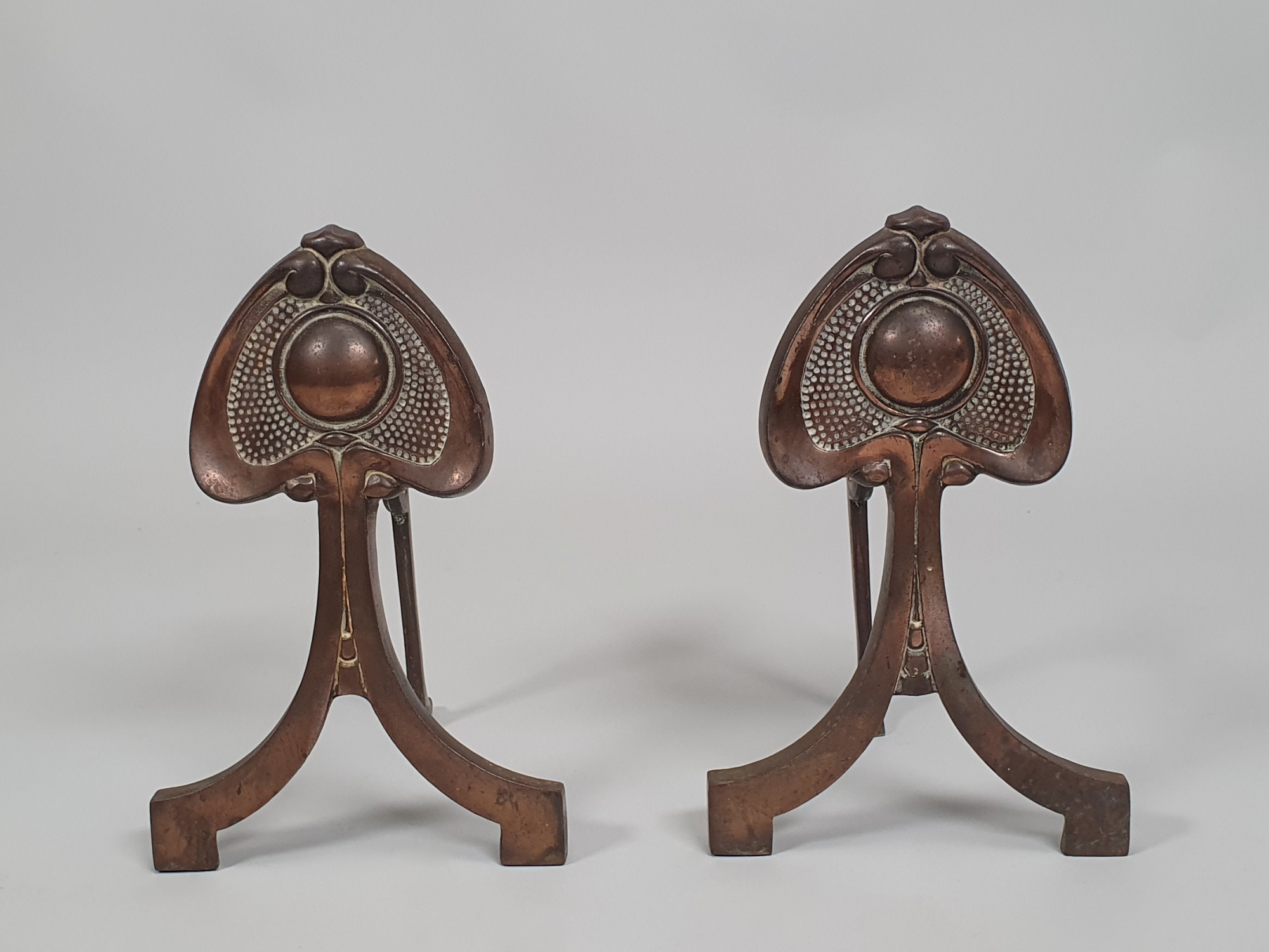 Antique Art Nouveau Copper Firedogs (Andirons), Circa 1900