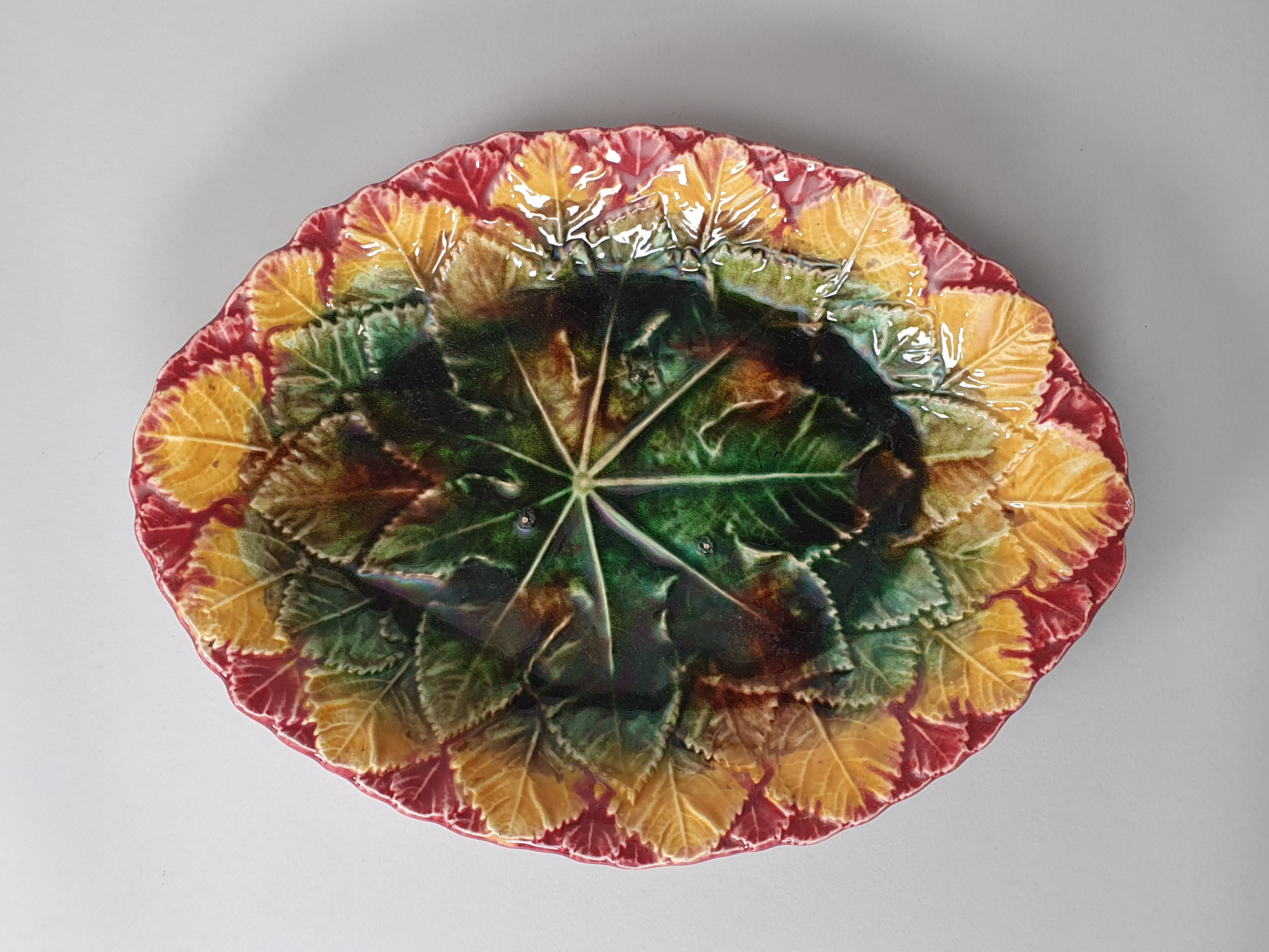 Antique Victorian Majolica begonia leaf Dish or raised Plate wide shot