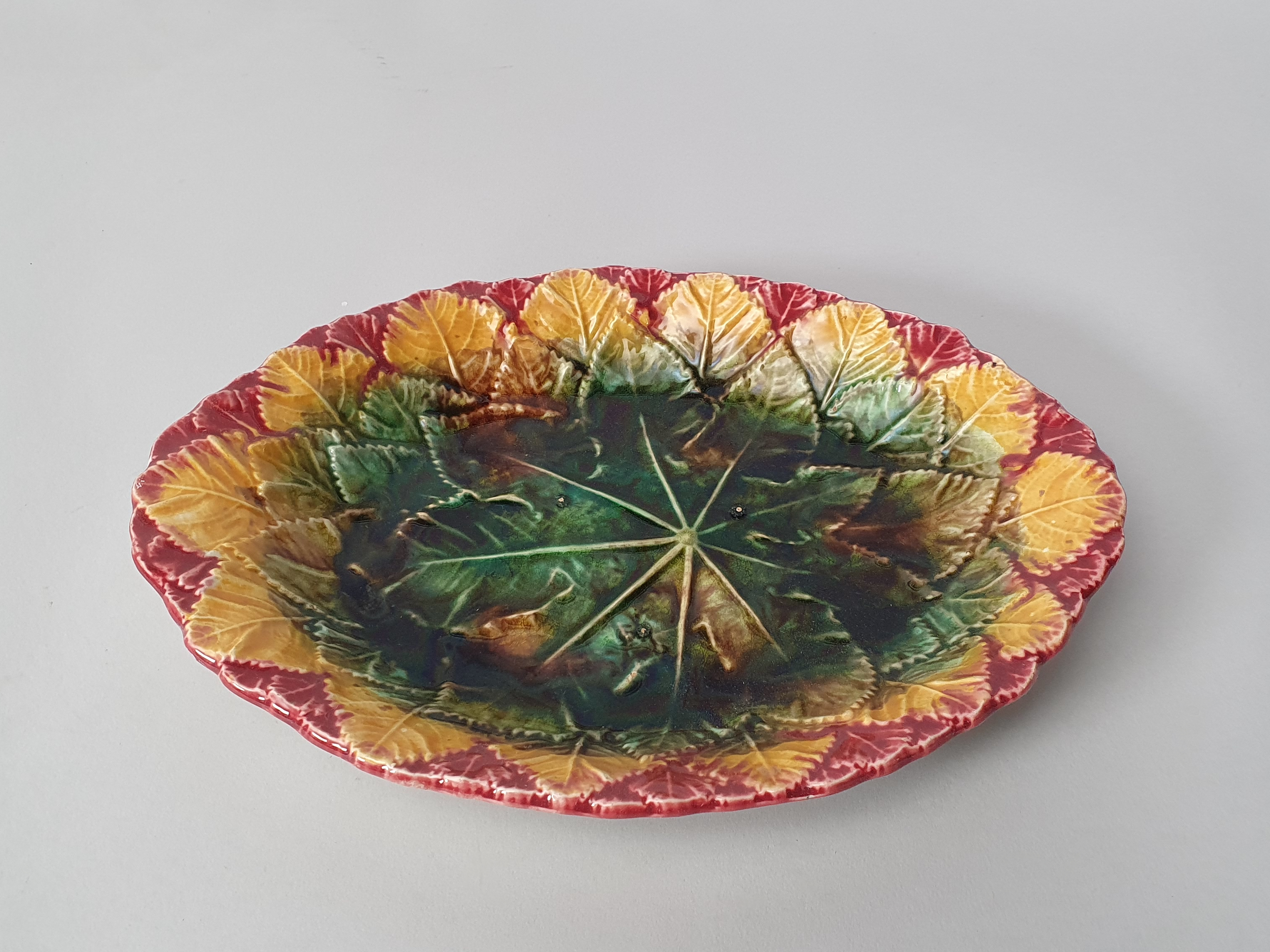 Antique Victorian Majolica begonia leaf Dish or raised Plate side shot
